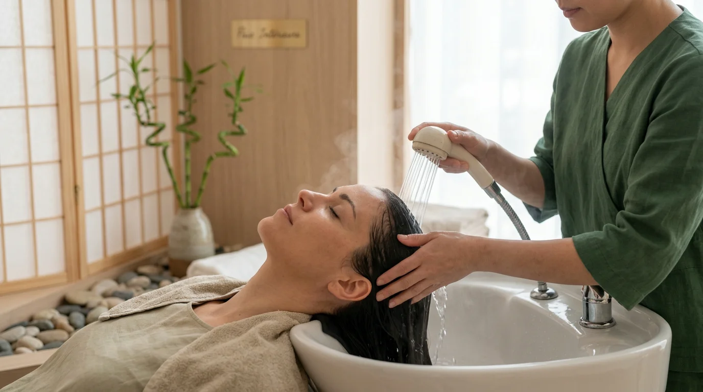 Femme profitant d'un soin head spa japonais relaxant en institut