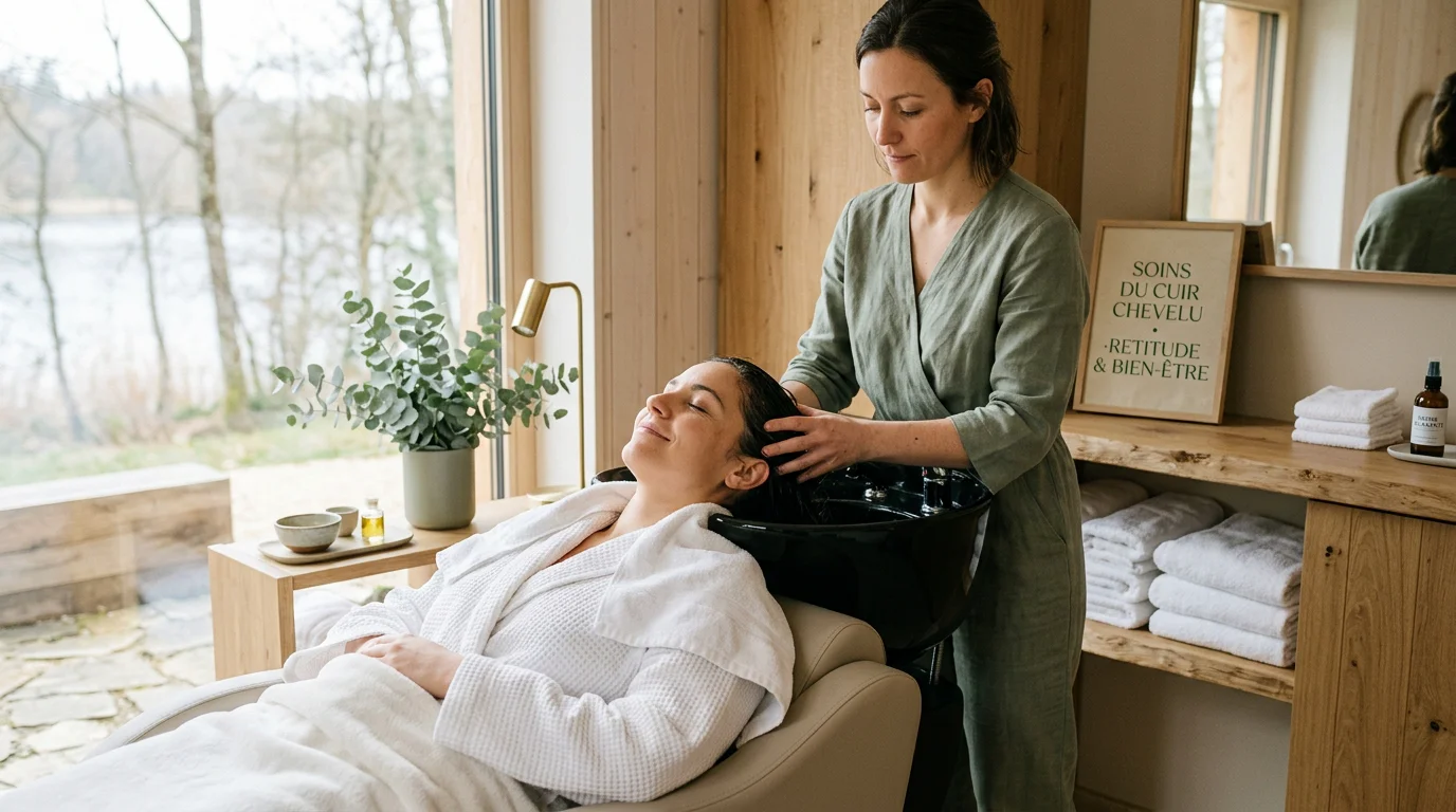 Praticienne réalisant un massage du cuir chevelu lors d'une séance de head spa
