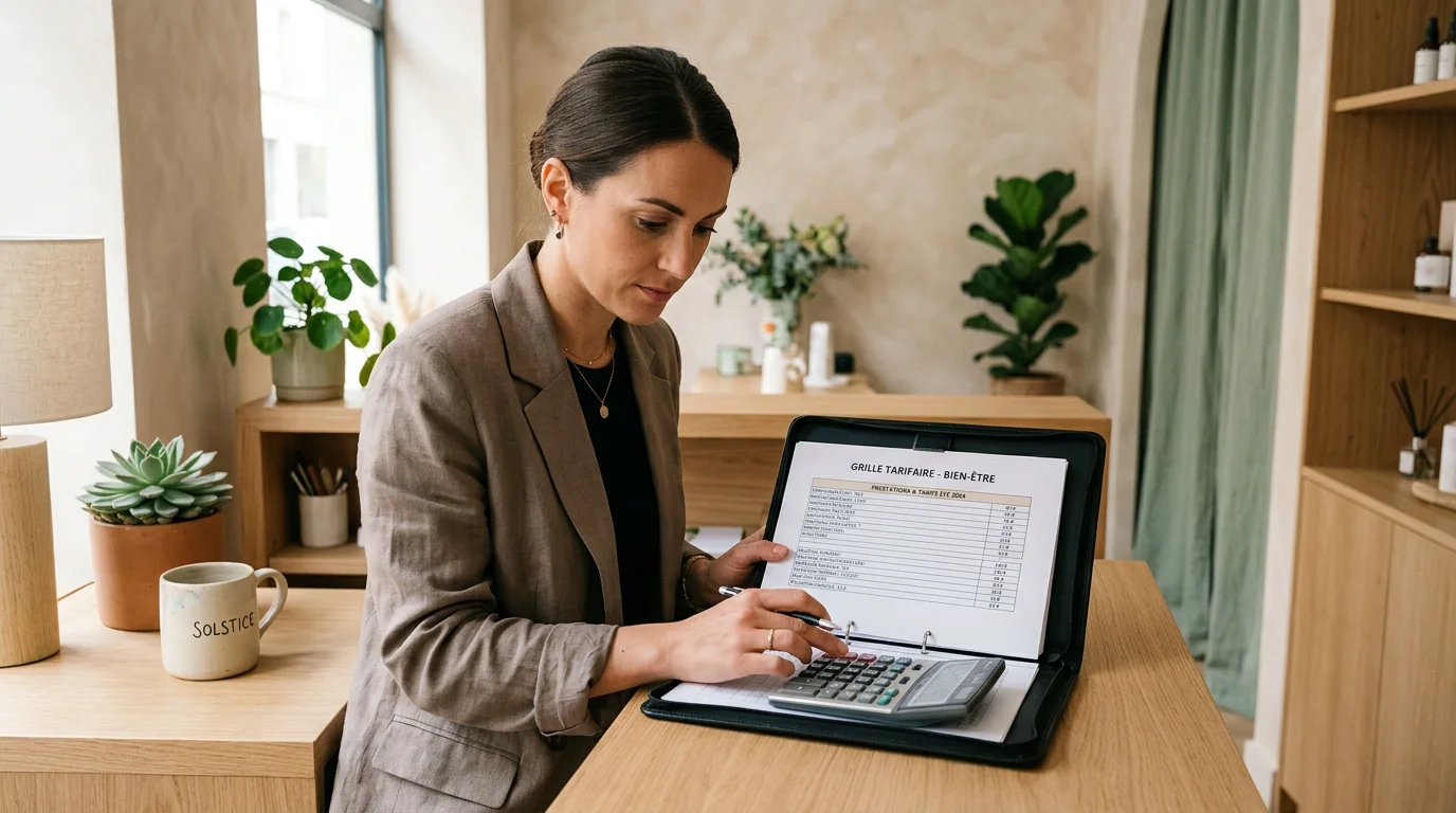 Professionnelle du bien-être calculant les tarifs de ses prestations head spa