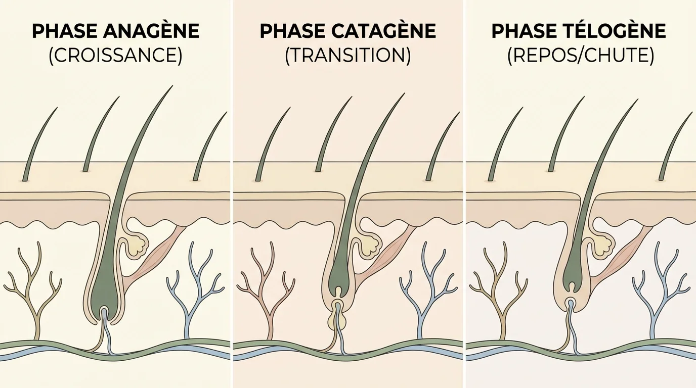Schéma des trois phases du cycle pilaire : anagène, catagène et télogène