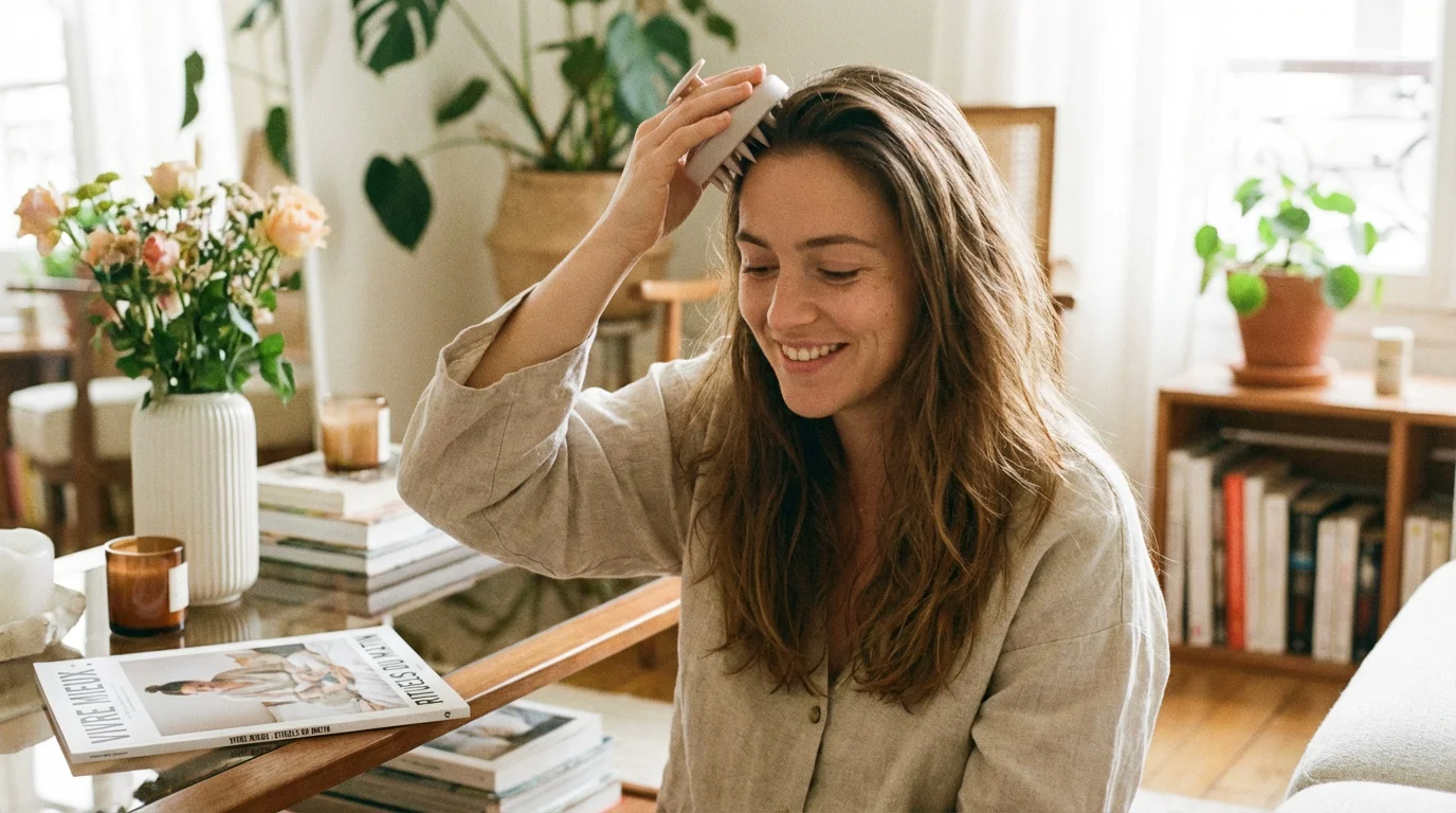 Femme massant son cuir chevelu avec une brosse massante pour stimuler la pousse des cheveux