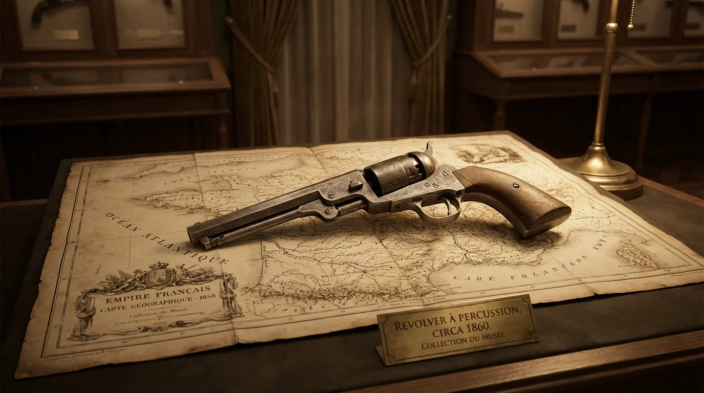 Revolver à percussion du XIXe siècle posé sur une carte ancienne