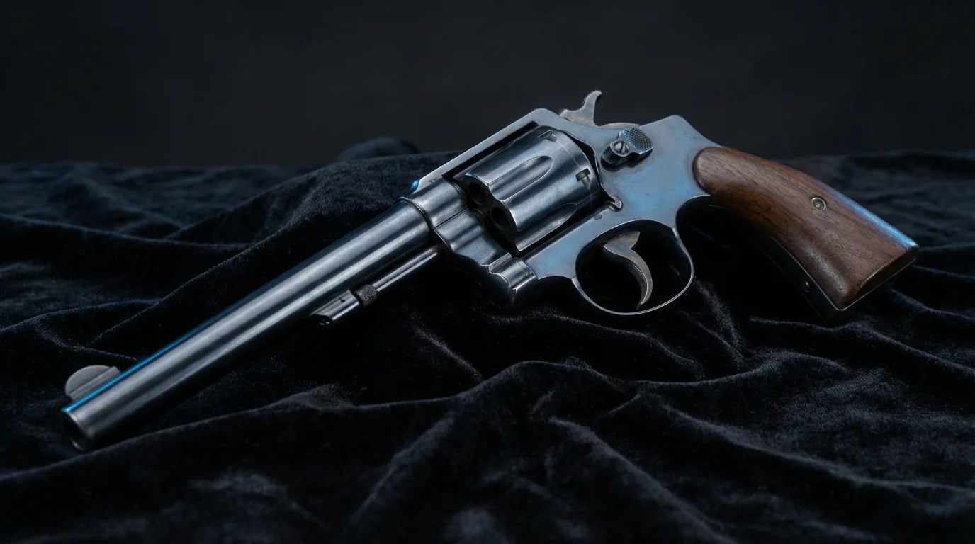 Revolver bleui à canon long posé sur du velours noir