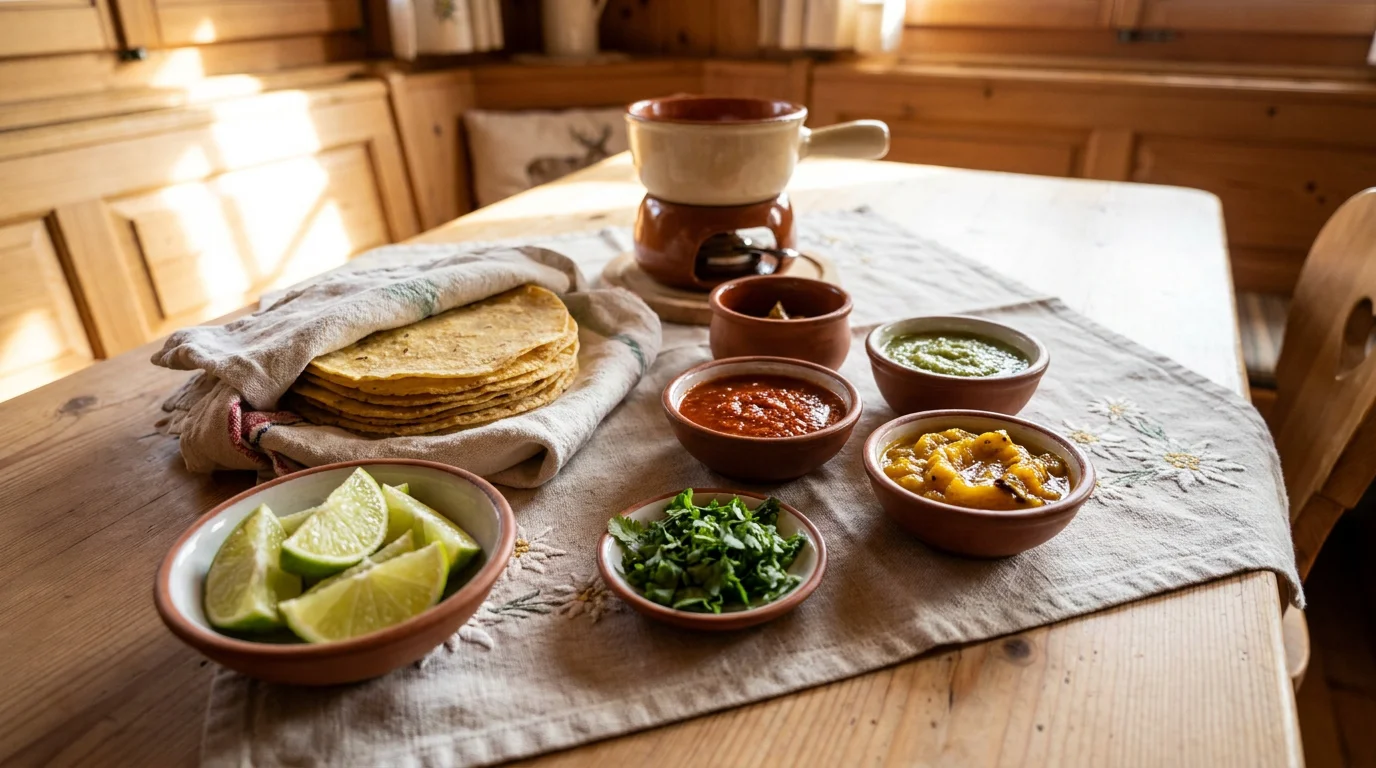 Tortillas de maïs fraîches avec accompagnements pour tacos sur une table en bois