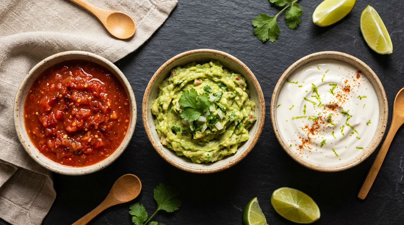 Trois bols de sauces pour tacos : salsa rouge, guacamole et crème citronnée