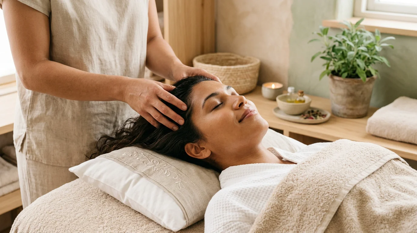 Gros plan d'un massage crânien indien sur le cuir chevelu d'une cliente détendue