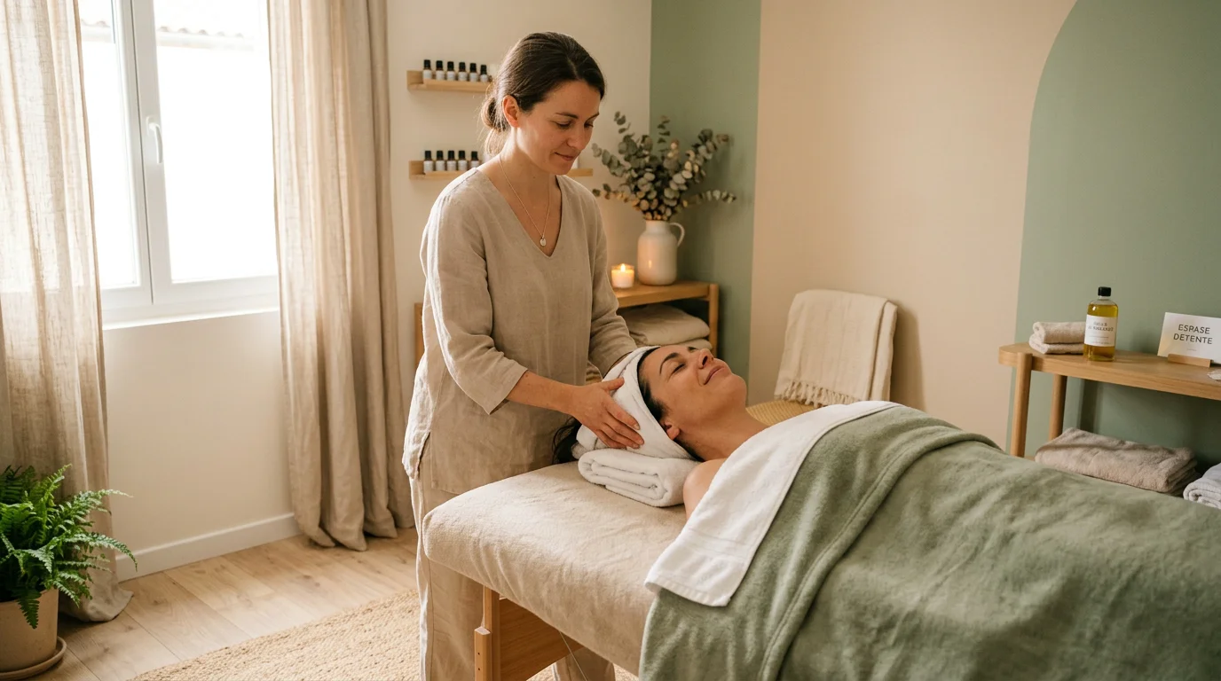 Praticienne réalisant un massage crânien indien sur une cliente allongée