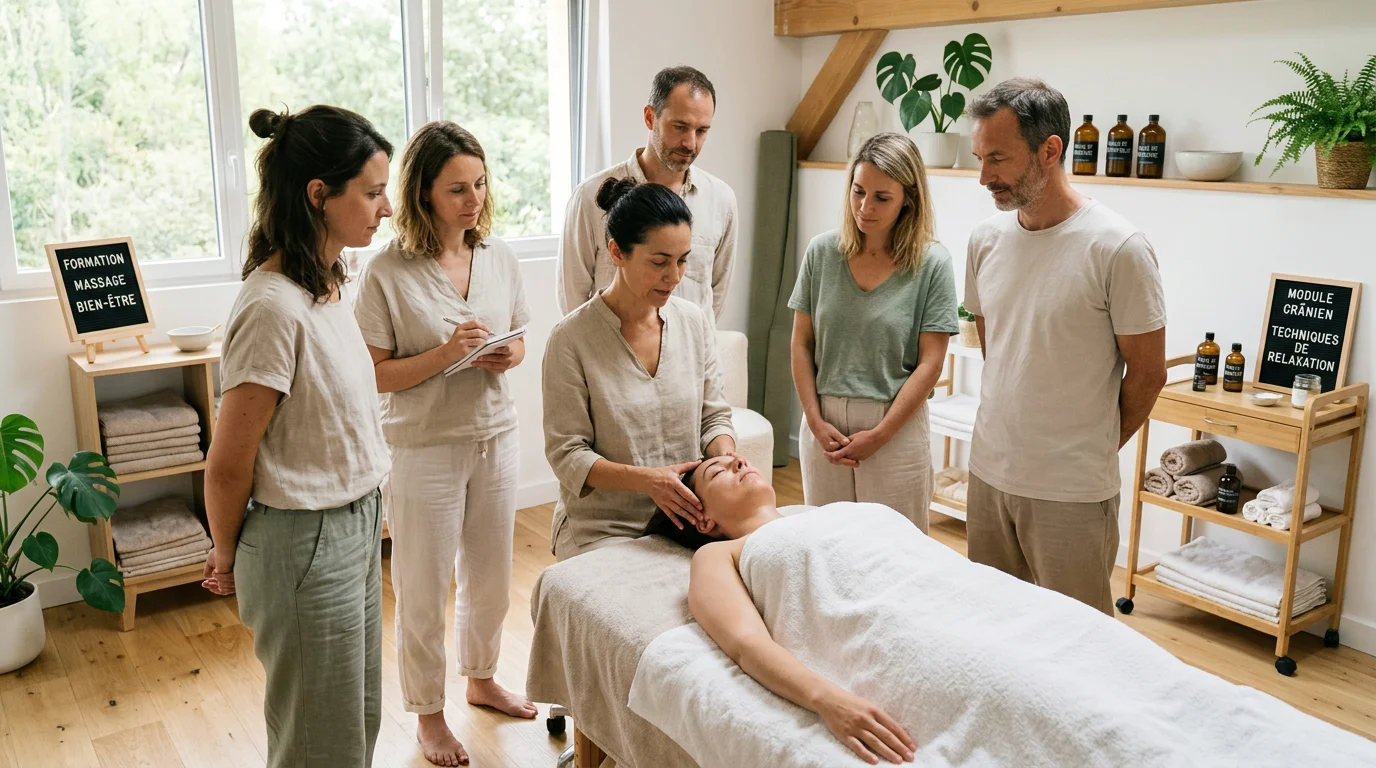 Stagiaires observant une démonstration de massage crânien en formation