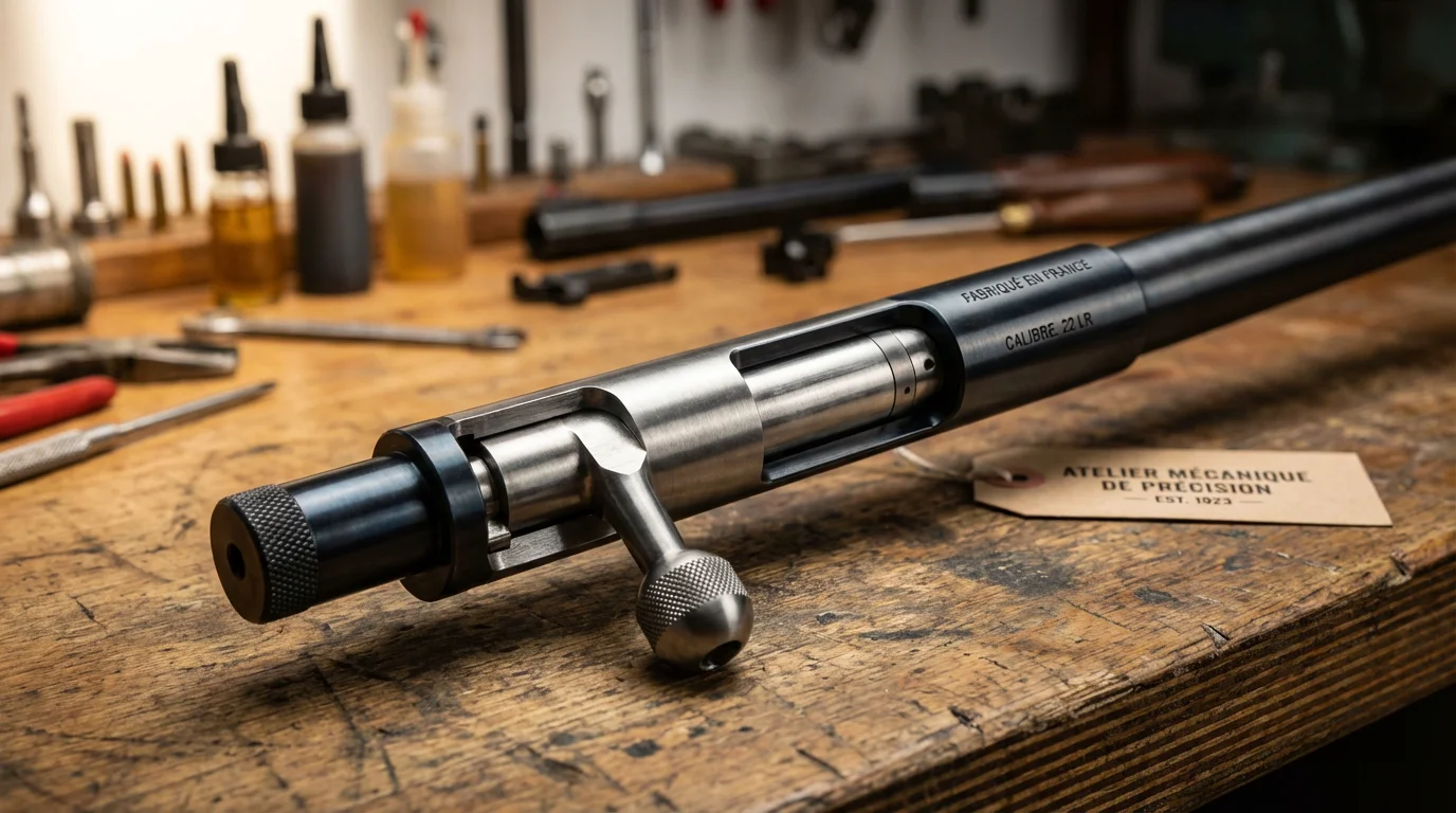 Détail du mécanisme de culasse d'une carabine à verrou 22LR sur établi d'armurier