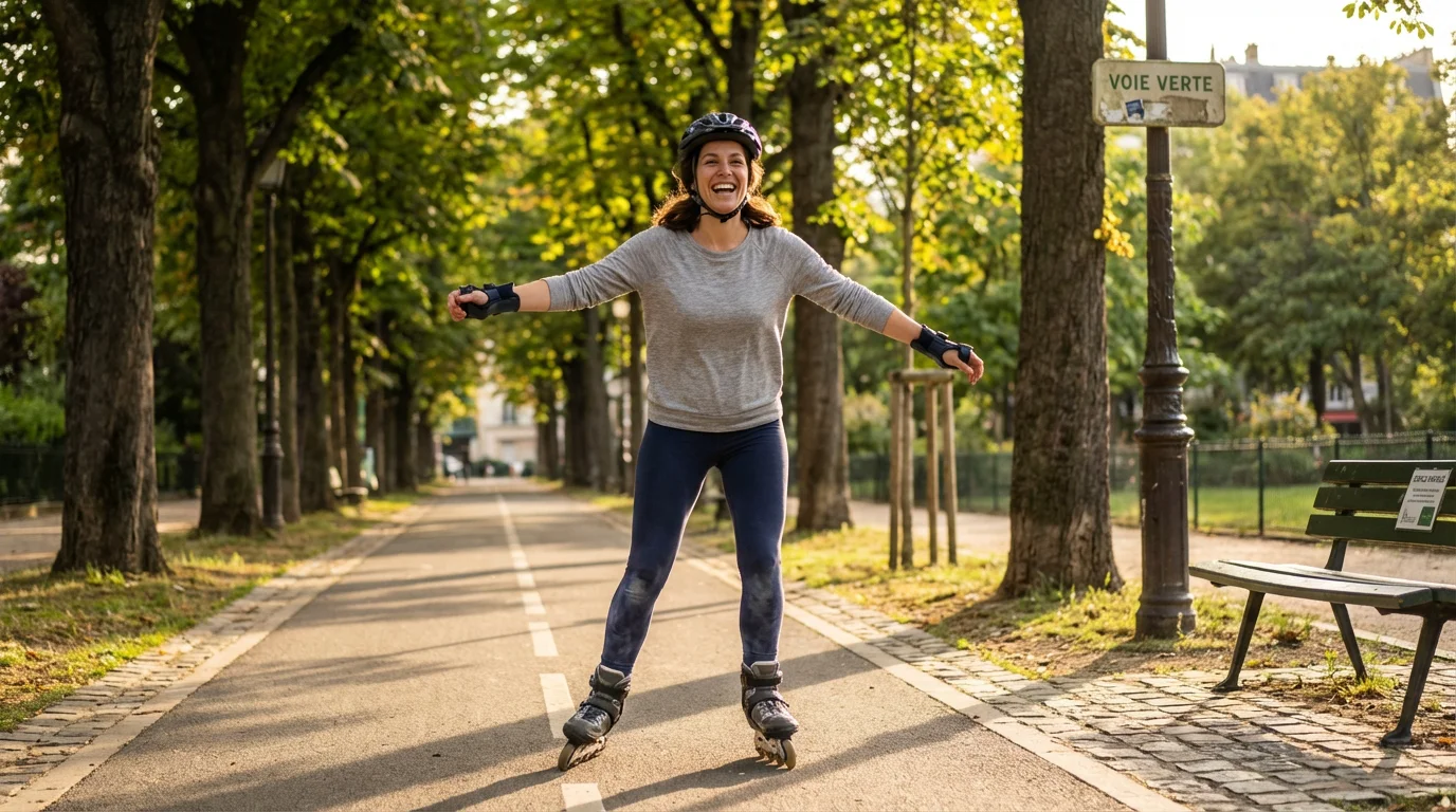Femme pratiquant le roller en ligne sur une piste cyclable ensoleillée