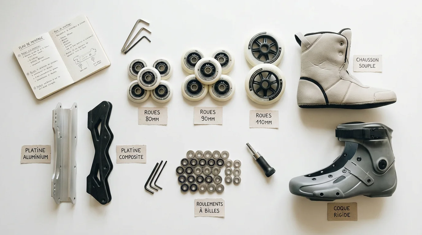 Composants de roller en ligne : roues, platines et chaussons comparés