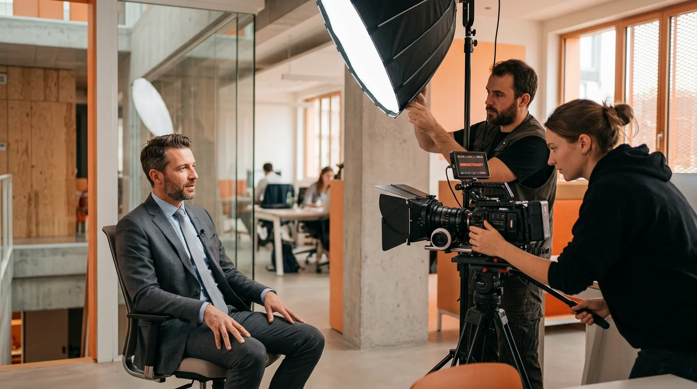 Équipe de tournage filmant une interview corporate en entreprise