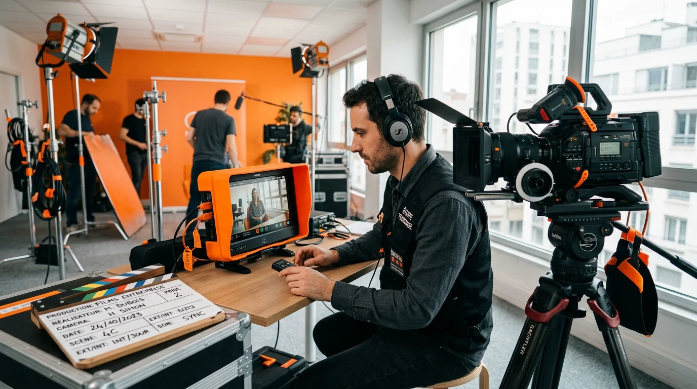 Vidéaste contrôlant les images sur un moniteur pendant un tournage