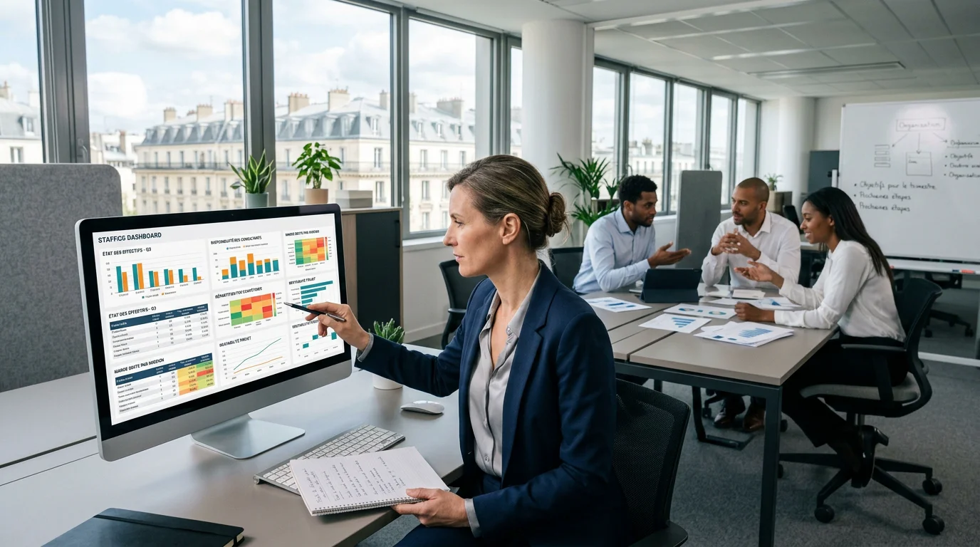 Un manager d'ESN analyse ses tableaux de bord de staffing et de marge