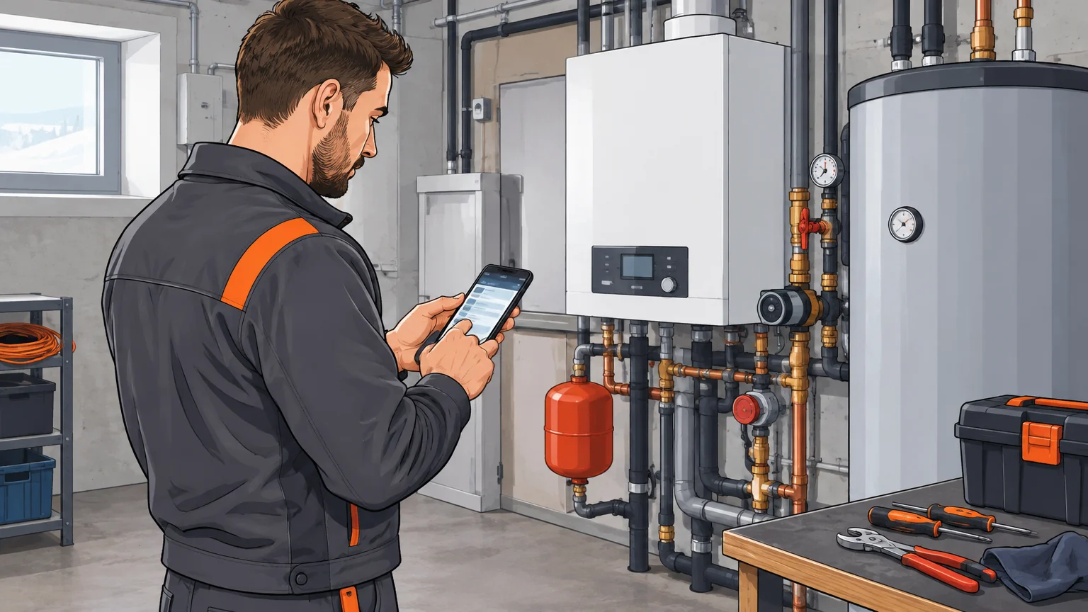 Technicien de maintenance qui consigne une intervention sur son smartphone