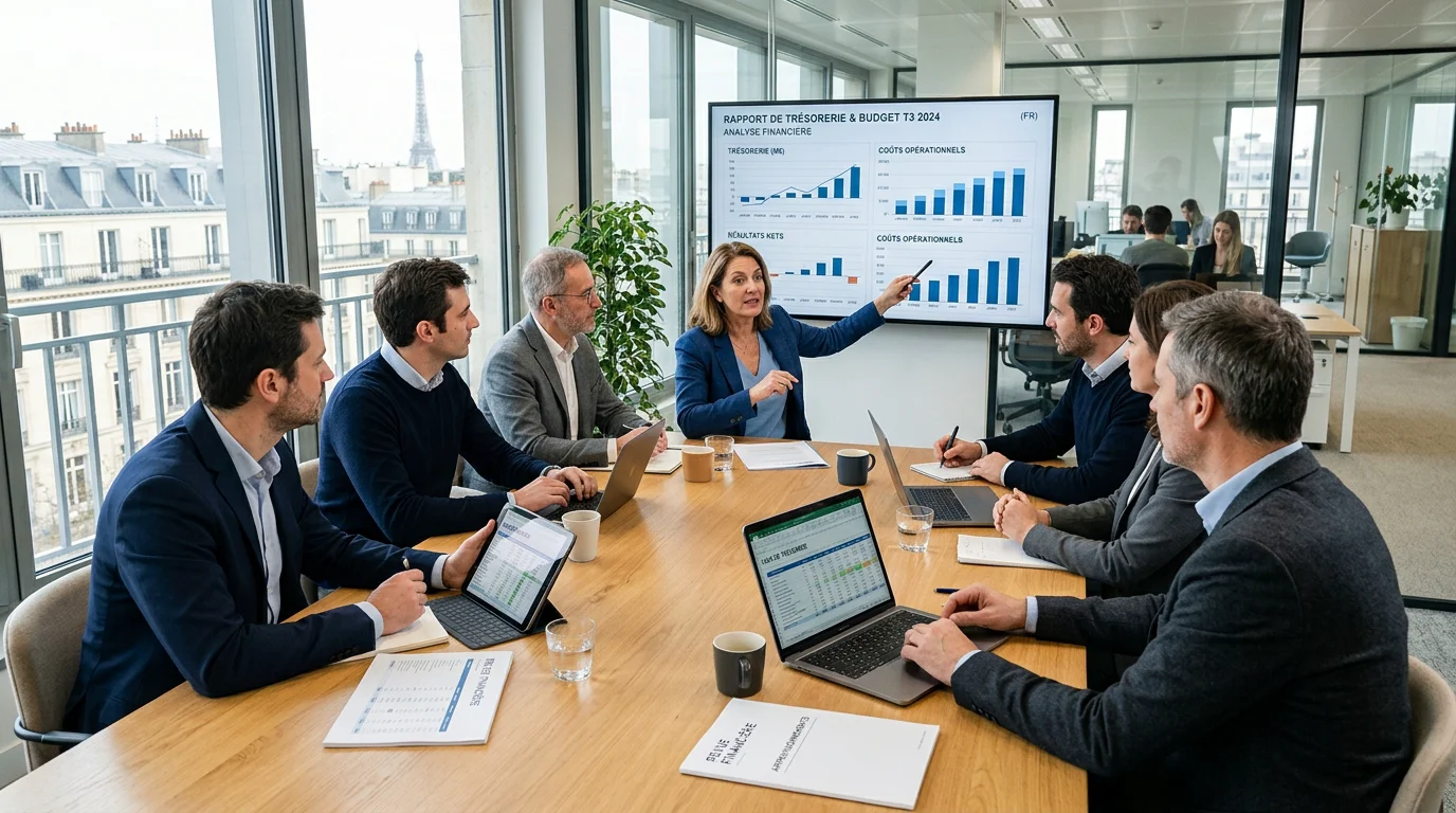 Équipe finance et achats collaborant sur des indicateurs de trésorerie dans un bureau