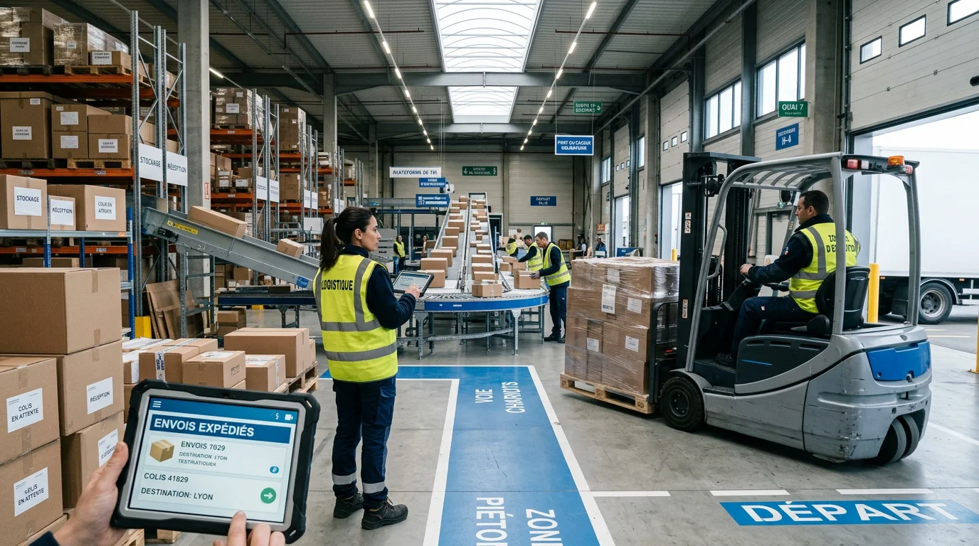 Entrepôt logistique où des employés supervisent l'expédition de commandes fournisseurs