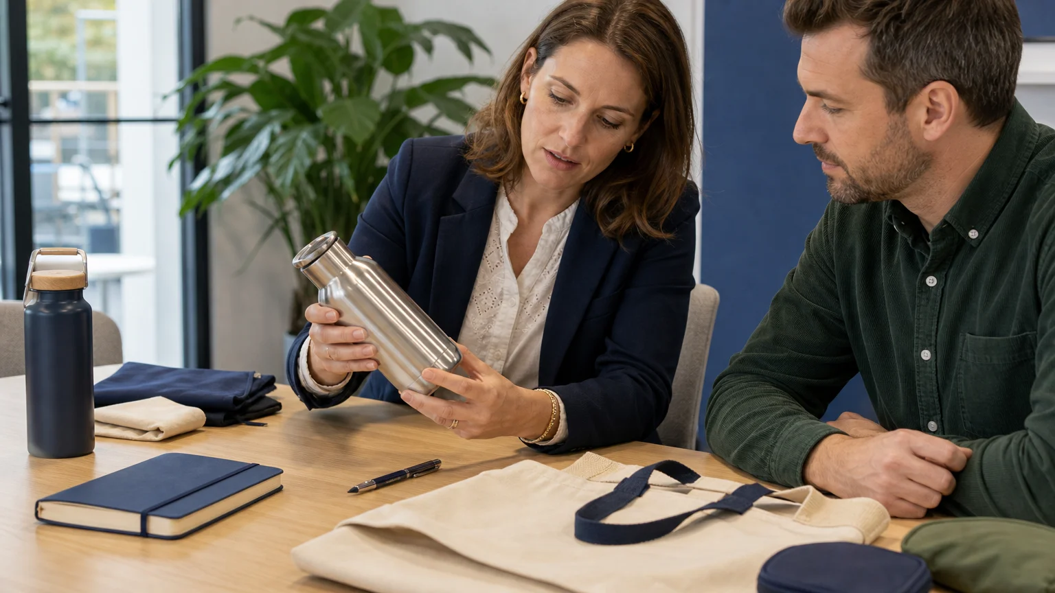 Des acheteurs professionnels examinent des échantillons d’objets publicitaires et leurs finitions