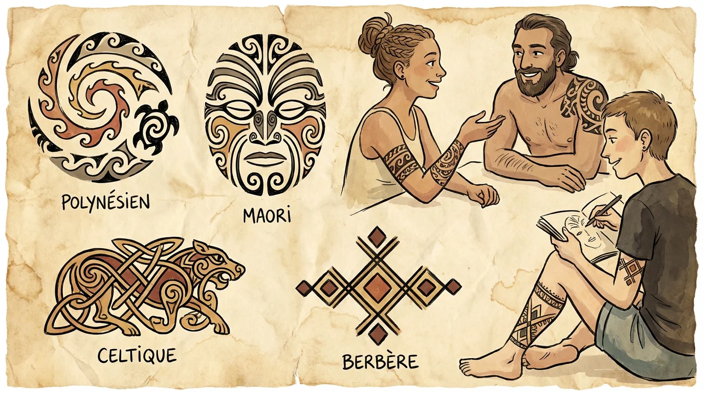 Illustration de différents motifs de tatouage tribal : polynésien, maori, celtique et berbère