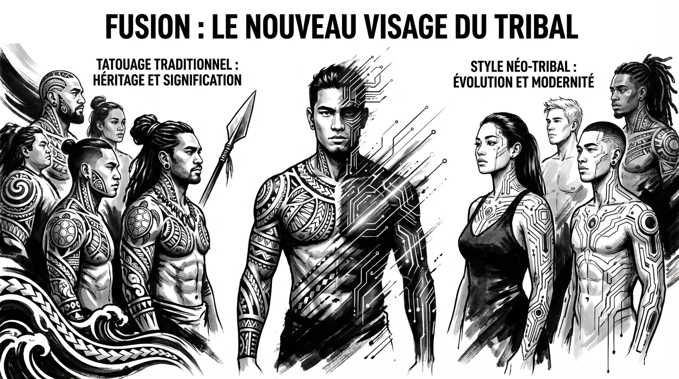 Illustration comparant le tatouage tribal traditionnel et le style néo-tribal contemporain