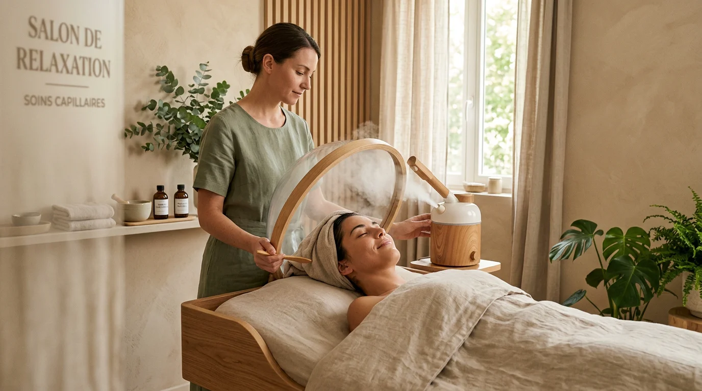 Cliente détendue lors d'un soin vapeur du cuir chevelu en cabine head spa