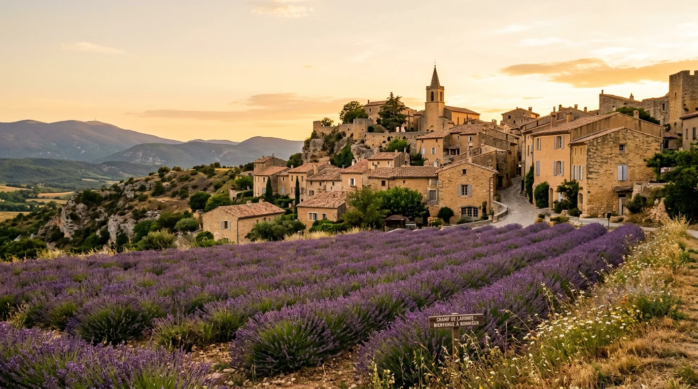 Village perché du Luberon au coucher du soleil avec lavande