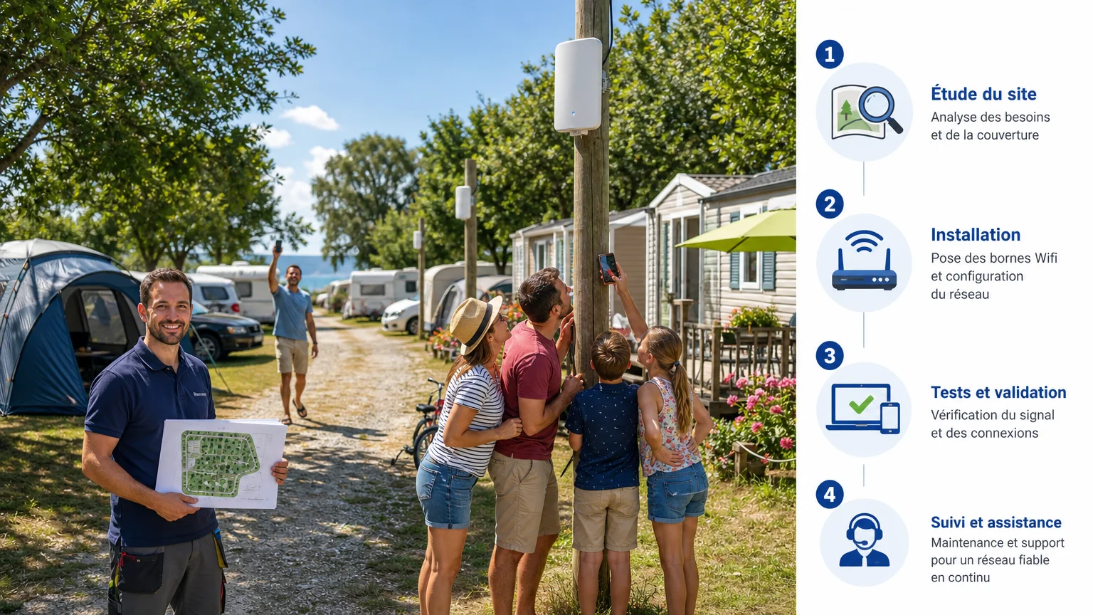 Technicien souriant qui planifie la couverture WiFi d’un camping pendant que des vacanciers cherchent le meilleur signal
