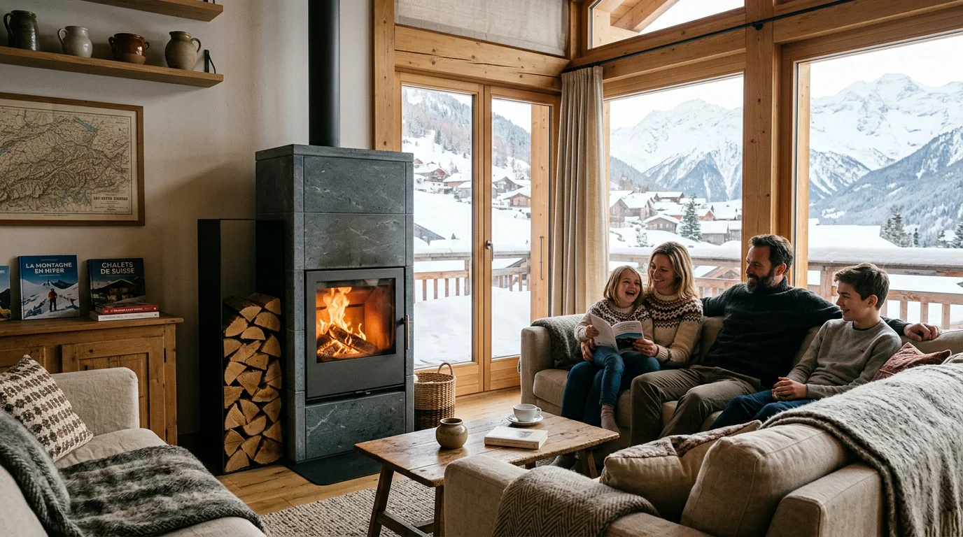 Salon suisse chaleureux avec poêle à bois en pierre ollaire en hiver