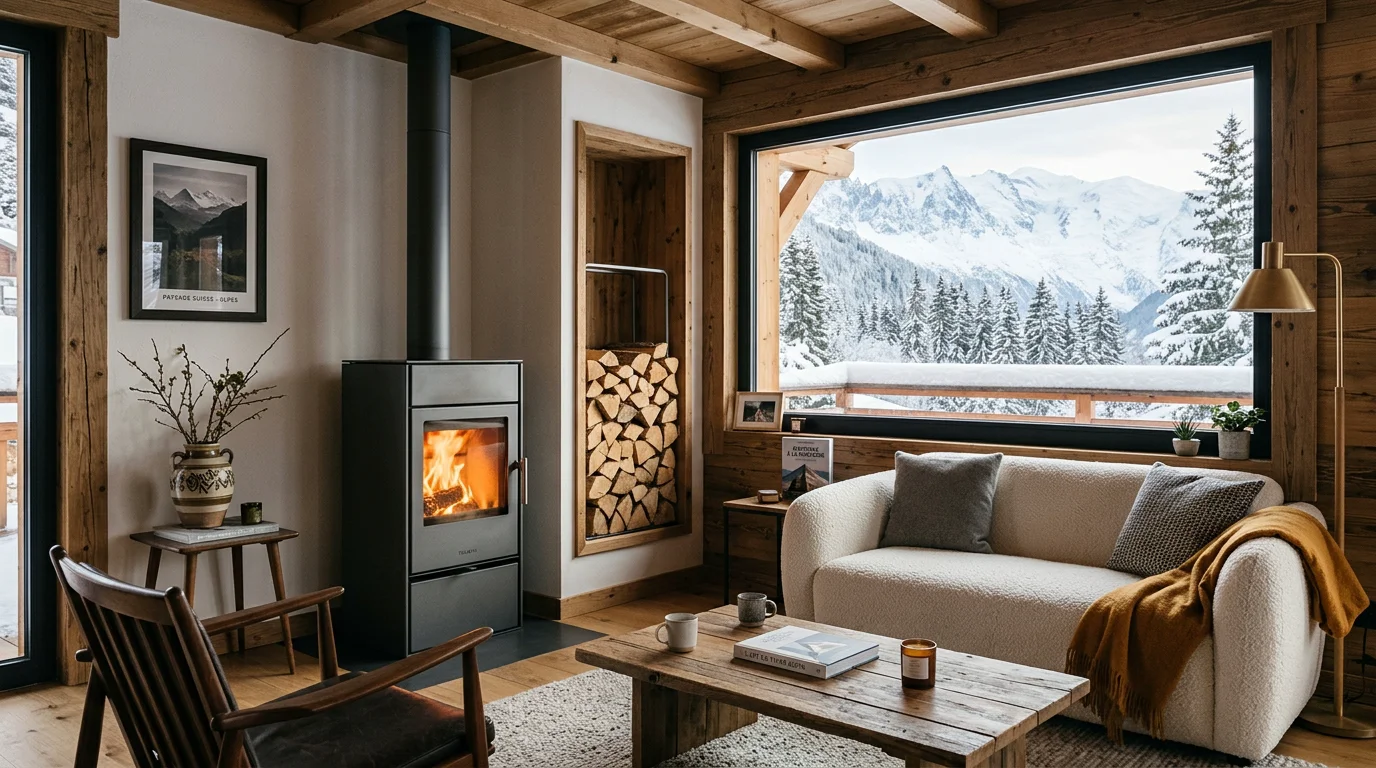 Poêle à bois contemporain dans un salon suisse avec paysage alpin enneigé