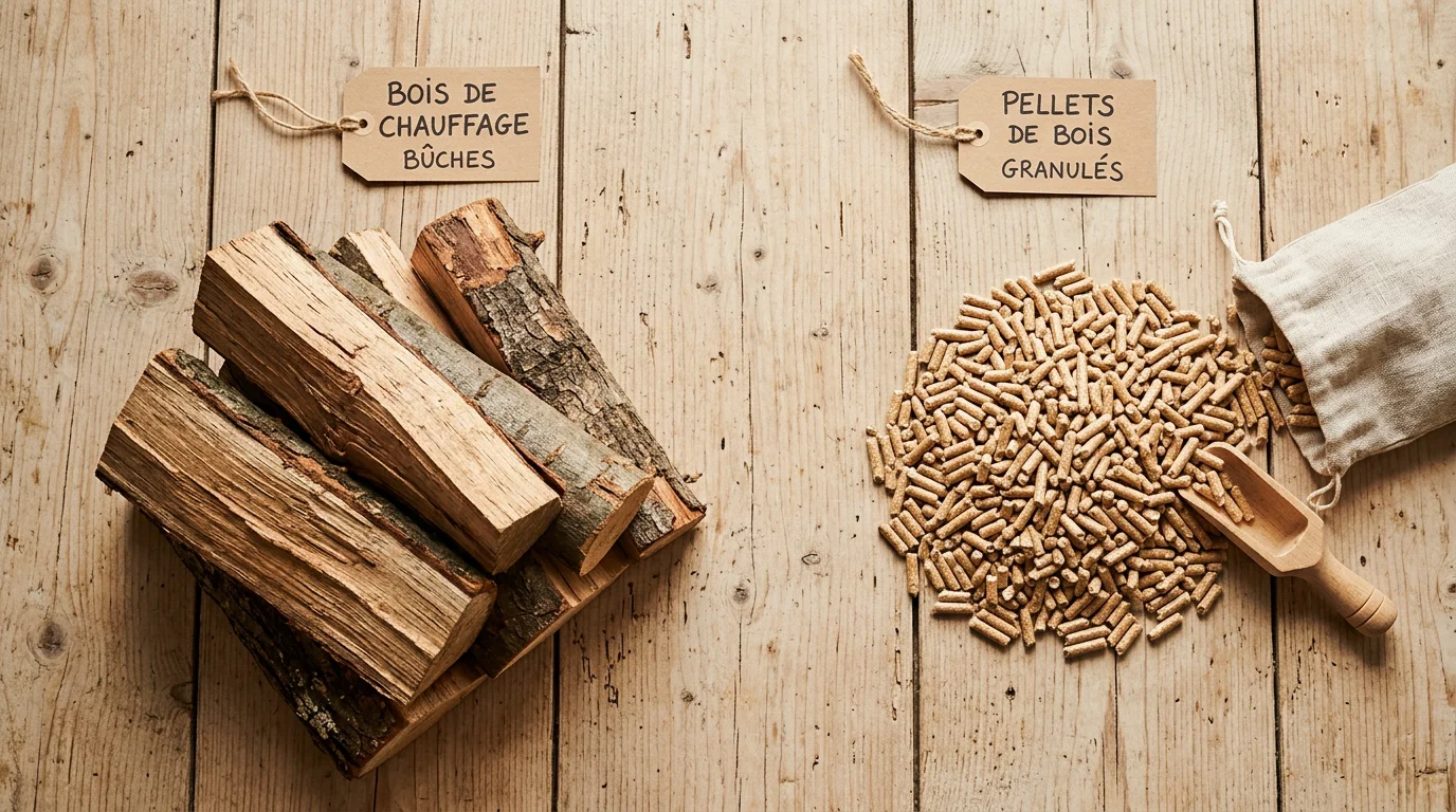 Comparatif visuel entre bûches de bois et granulés pour le chauffage