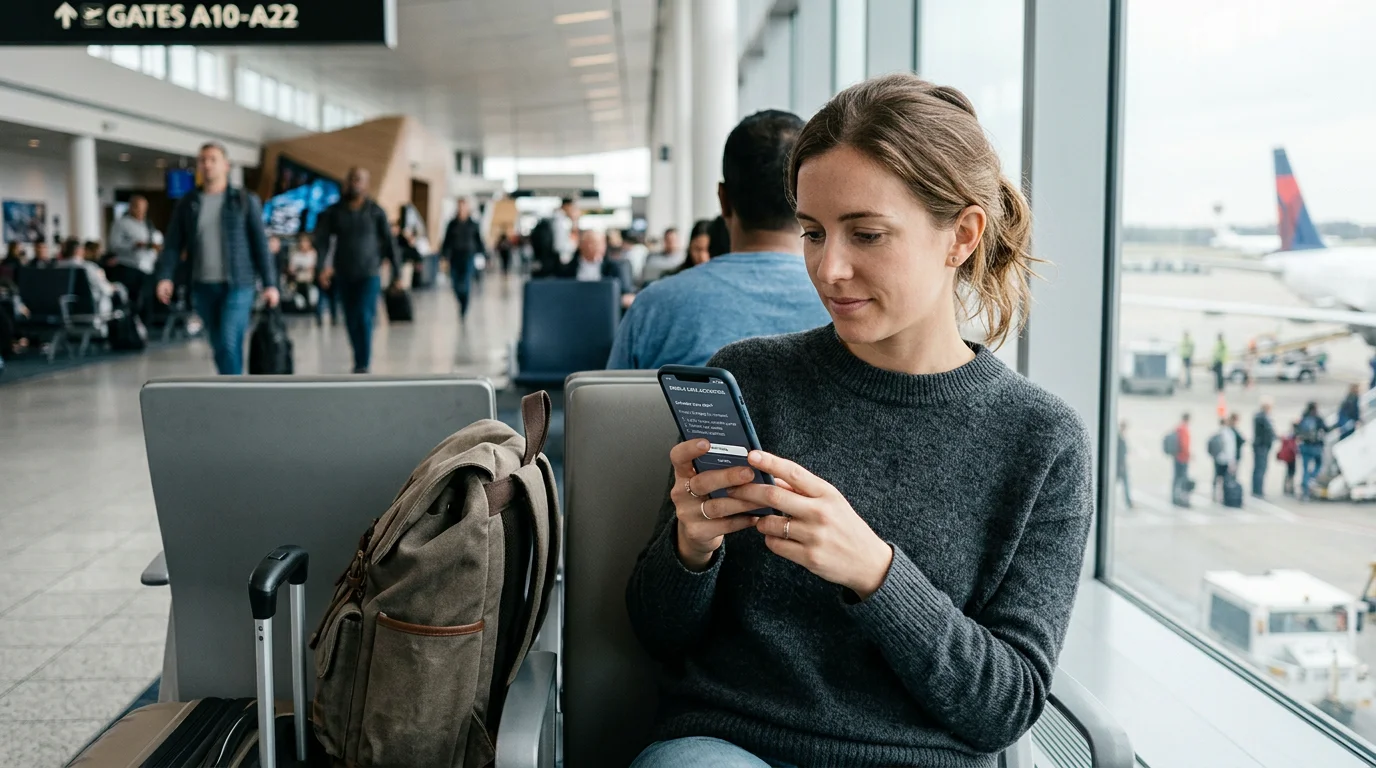 Traveler activating mobile data on a smartphone in an airport lounge