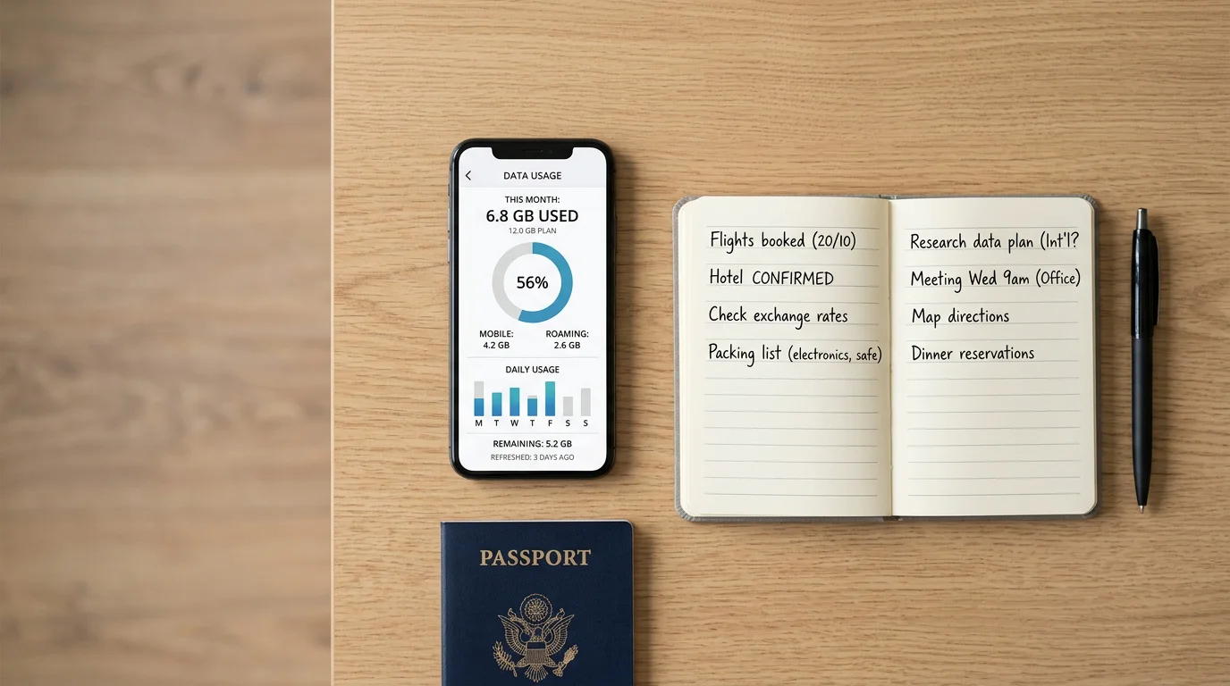 Flat-lay of a smartphone showing a data usage dashboard beside a passport