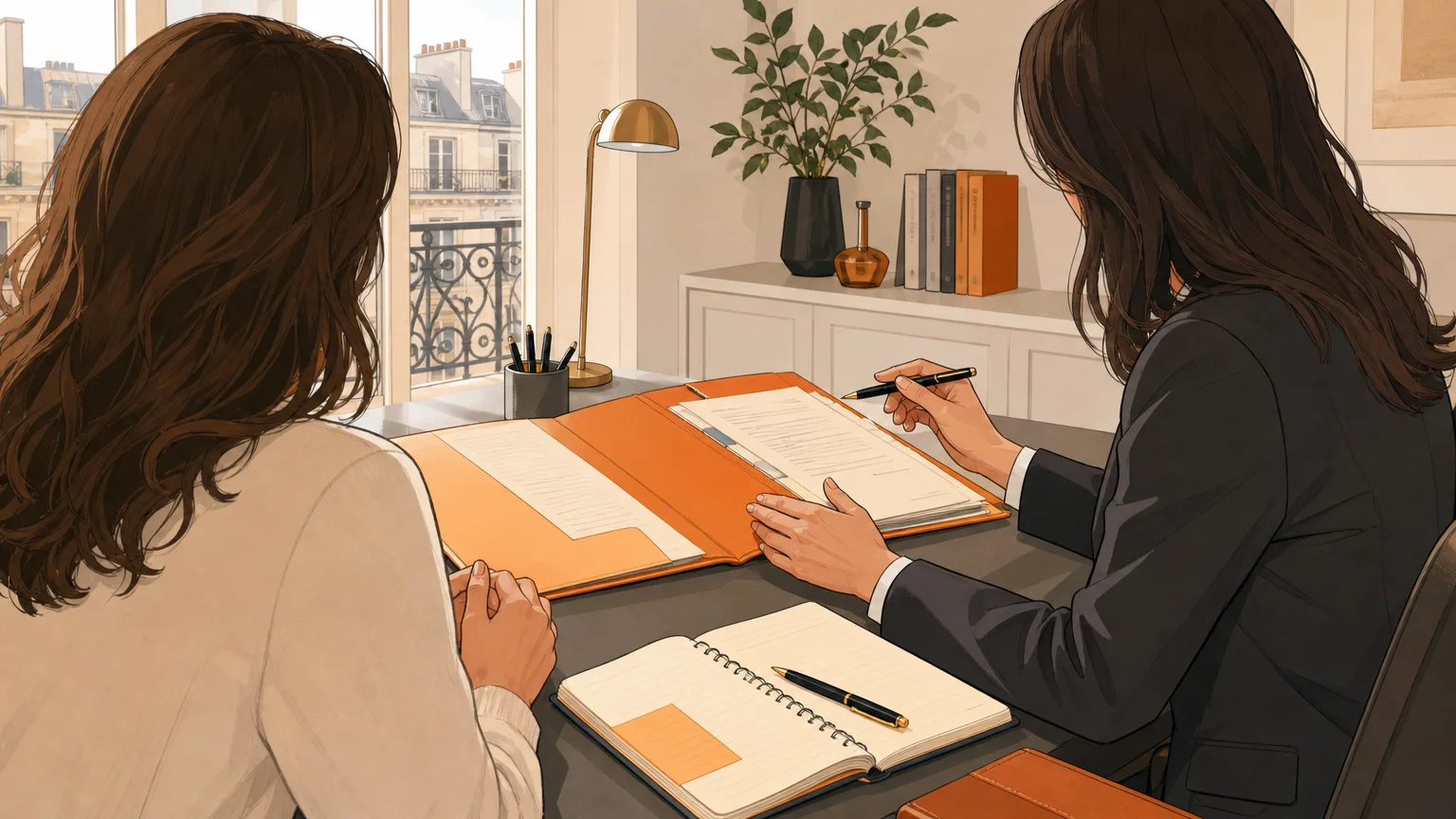 Une cliente et son avocate examinent un dossier autour d’un bureau.