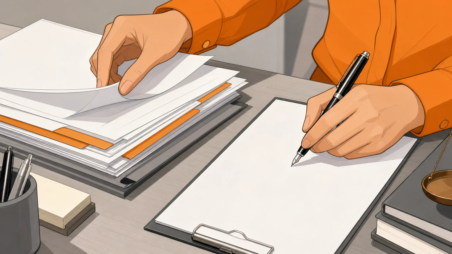 Des mains classent des documents et signent une feuille sur un bureau.