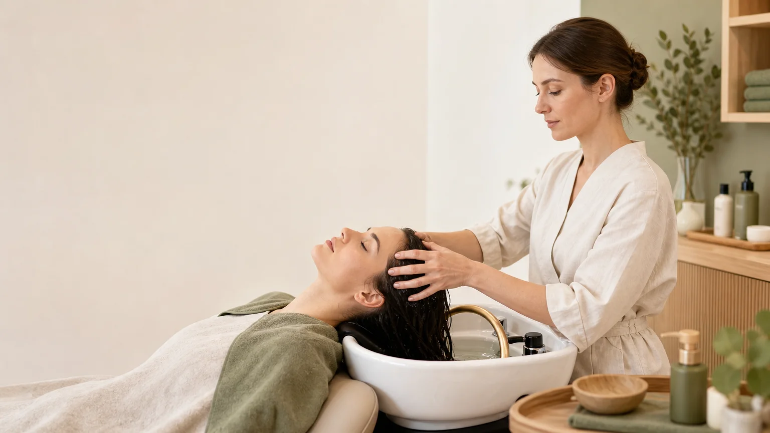 Professionnelle en formation aux techniques du Head Spa dans un espace de pratique neutre