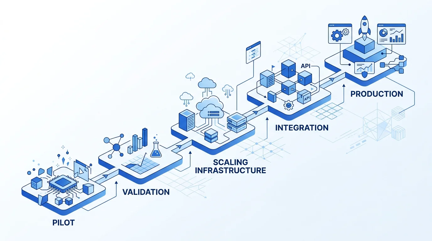 Illustration of an enterprise AI roadmap moving from pilot stage to production deployment