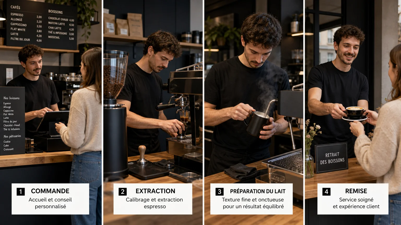 Workflow barista organisé derrière le comptoir d’un coffee shop