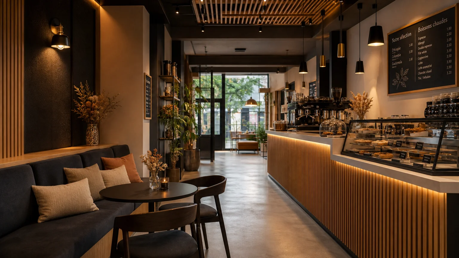 Salle de coffee shop avec assises variées et circulation dégagée