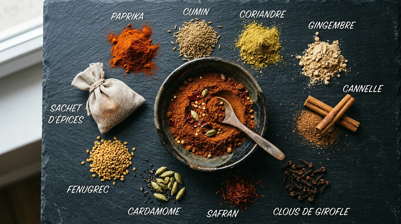 Poudre d'épices tandoori entourée des épices qui la composent