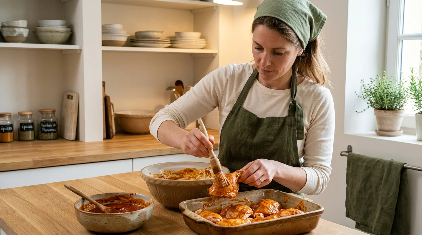 Préparation d'une marinade tandoori au yaourt sur du poulet