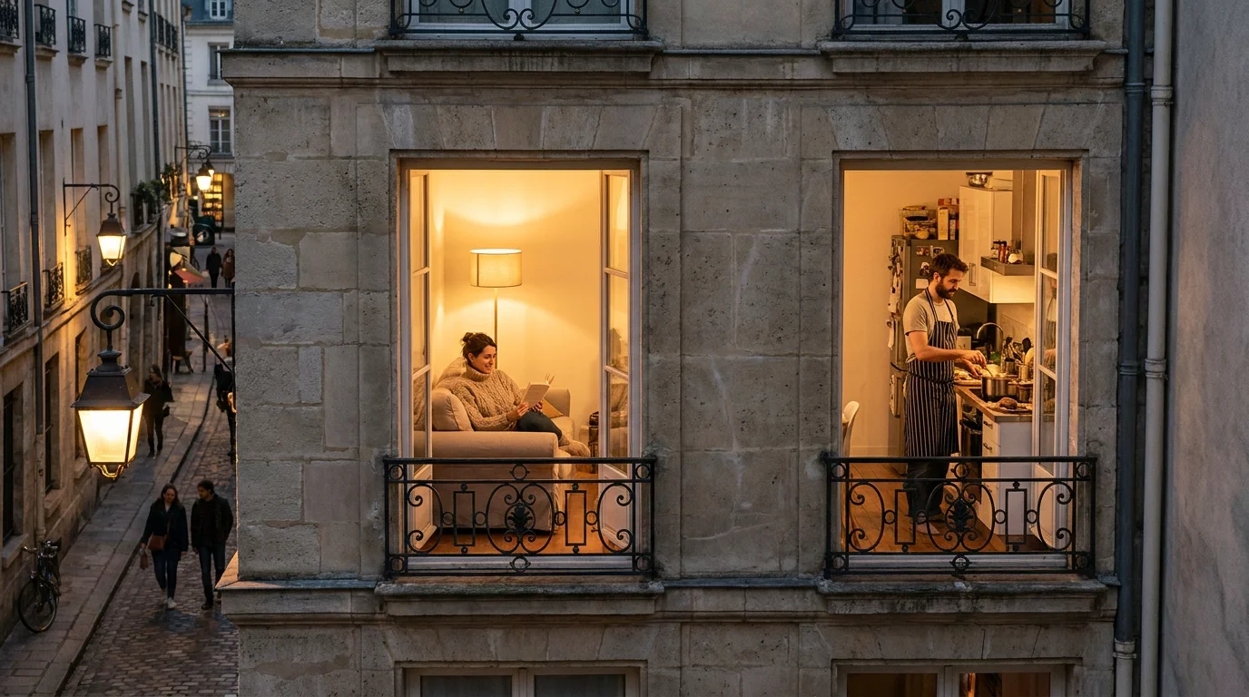 Deux appartements voisins vus de l'extérieur au crépuscule, chacun occupé par un partenaire épanoui dans son espace personnel
