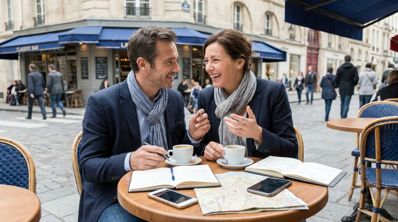Couple quarantenaire discutant chaleureusement en terrasse de café en France, planifiant leur vie à deux