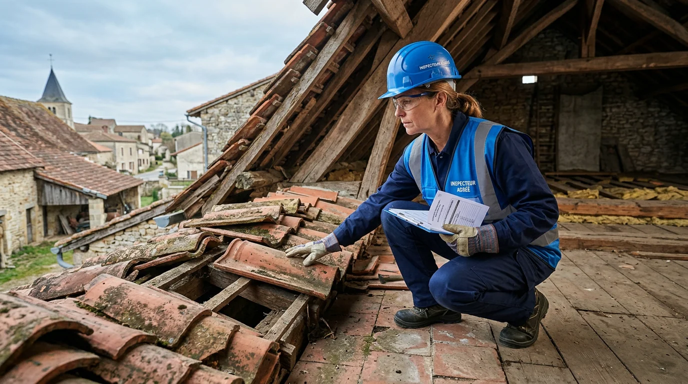 Diagnostiqueur certifié inspectant des matériaux susceptibles de contenir de l'amiante dans un logement ancien