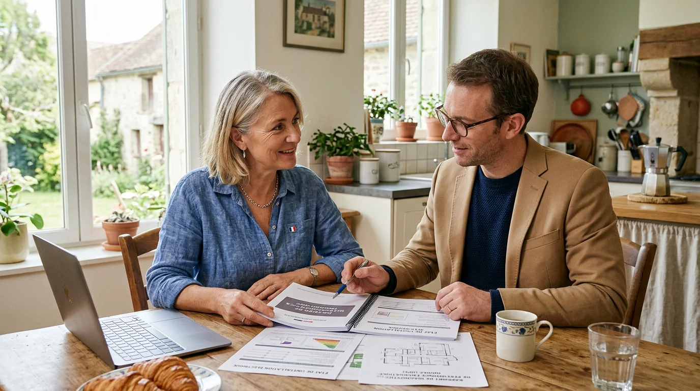 Propriétaire consultant un rapport de diagnostic amiante avec un professionnel à domicile