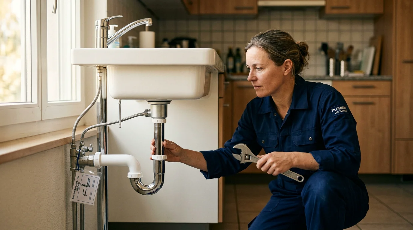 Plombier qualifié inspectant une installation sanitaire sous un évier