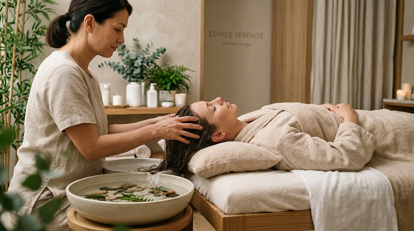 Soin head spa japonais réalisé sur une cliente détendue dans un institut