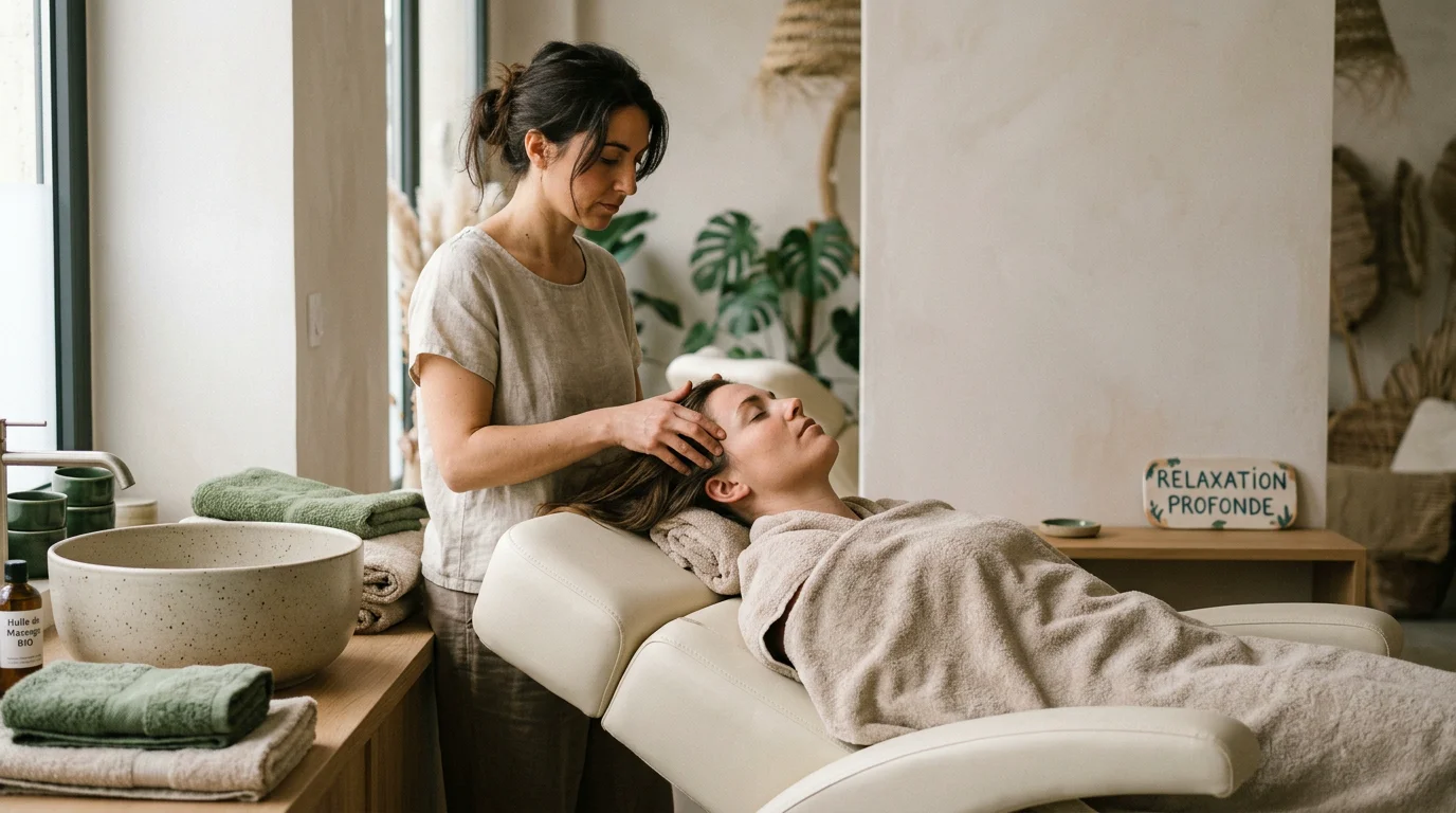 Praticienne réalisant un massage du cuir chevelu lors d'un soin head spa