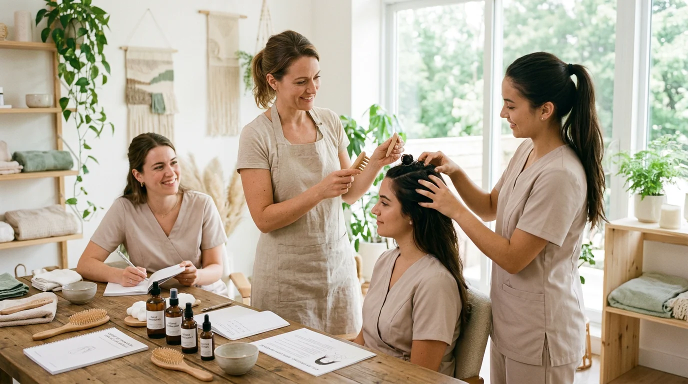 Petit groupe de stagiaires en formation pratique au soin head spa