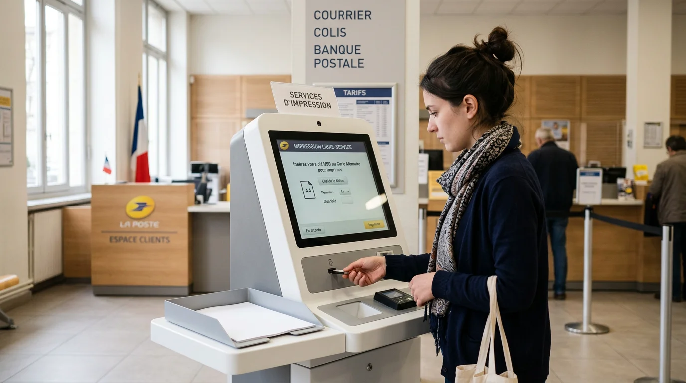 Borne d'impression en libre-service dans un bureau de poste parisien
