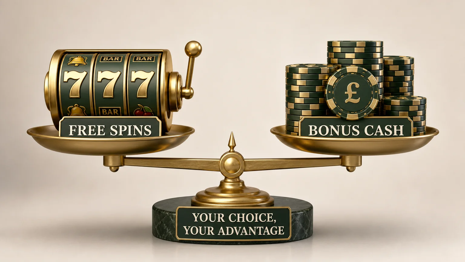 Illustration comparing free spins and bonus cash balanced on a scale